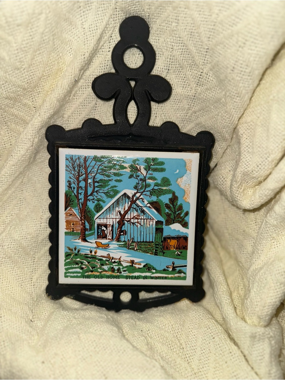Vintage Currier & Ives the old homestead in winter cast iron and ceramic trivet
